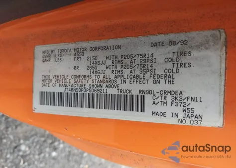 1993 Toyota Pickup 1/2 Ton Ex Long Whlbse Dx z USA, uszkodzony, nr VIN JT4RN93P0P5069211